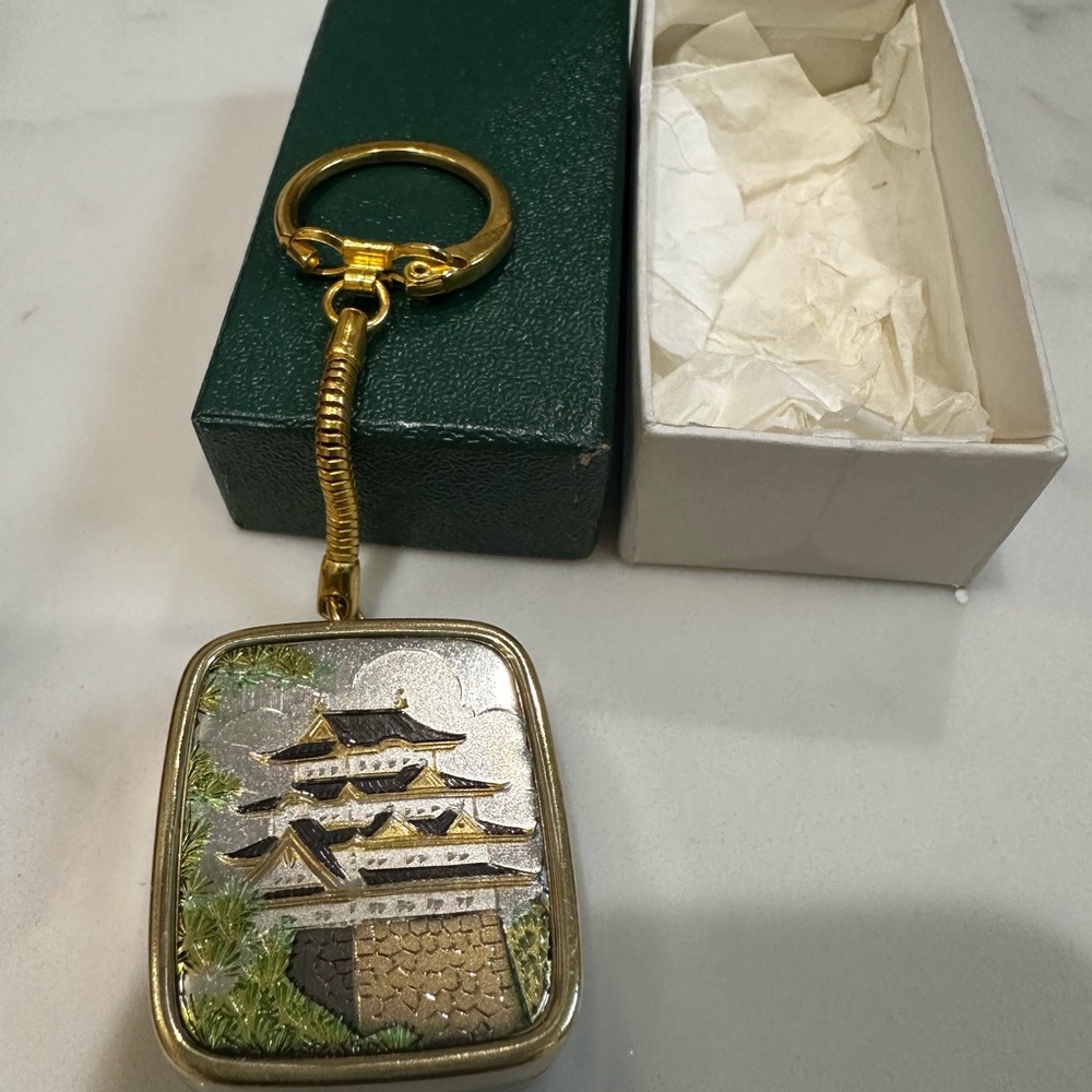 Vintage Gold and Silver Keychain with Japanese Castle Design